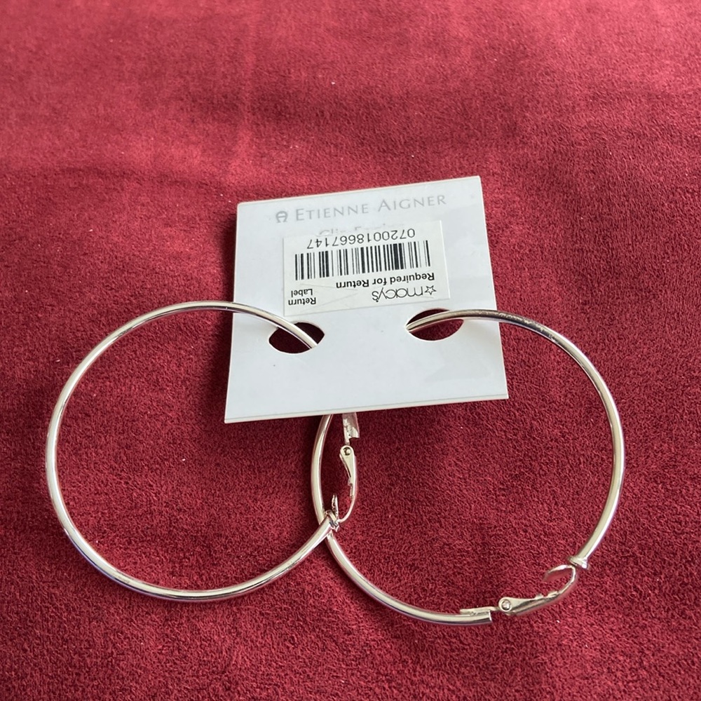NEW ETIENNE AIGNER Large Hoop Clip Earrings Silver Tone